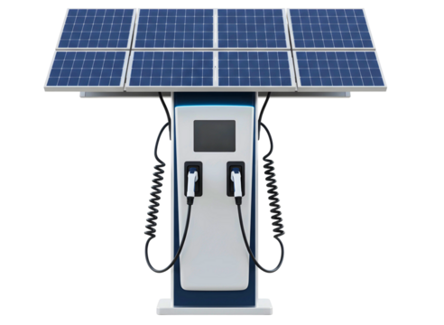 Solar powered electric vehicle charging station isolated on transparent background