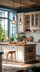Fototapeta premium Bright and inviting kitchen interior with natural light filtering through large window in cozy home setting