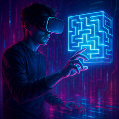 A futuristic VR gamer interacts with a glowing neon holographic cube maze, exploring immersive technology in a cyberpunk digital world filled with vibrant blue and purple lights, showcasing innovation