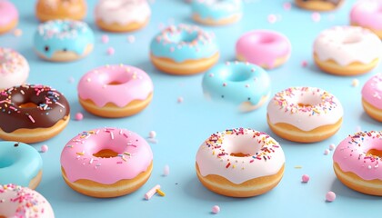 Delicious donuts with various toppings arranged against a captivating pastel blue backdrop