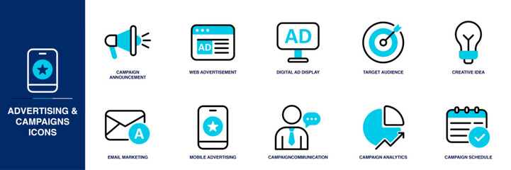 Advertising & Campaigns Blue Colored Outline Icon Set