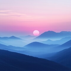 Obraz premium Mountaintop sunset concept. Serene sunset over misty mountains in soft pastel colors.