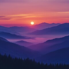 Mountaintop sunset concept. Vibrant sunset over layered mountains, casting a serene glow in the sky.