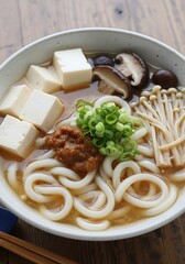 Japanese Udon Noodle Soup with Tofu, Mushrooms and Fresh Spring Onions