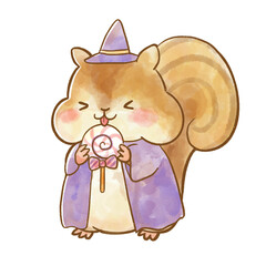 水彩風ハロウィンの笑顔のリスとキャンディー / Watercolor Smiling Squirrel with Halloween Candy