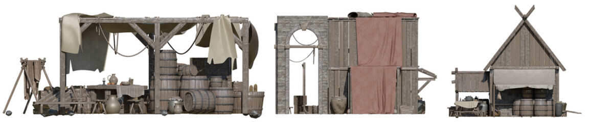 Local old market selling mid-century goods with isolated on transparent background. png file, 3d rendering illustration