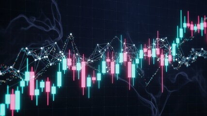 Stock market chart with candlestick patterns and data visualization elements.