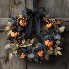 ハロウィンリース/秋の葉とリボン/ドア装飾