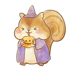 水彩風ハロウィンの笑顔のリスとジャックオランタン / Watercolor Smiling Squirrel with Pumpkin for Halloween