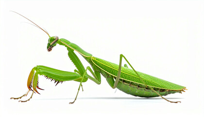 A vibrant green praying mantis posed against a stark white background.