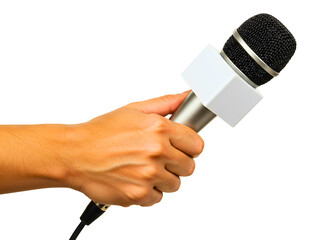 Hand holding a news reporter microphone isolated on transparent background