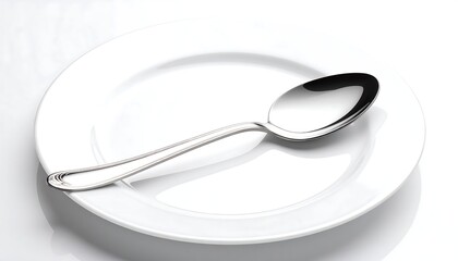 Silver spoon resting on a white ceramic plate against a bright, reflective surface