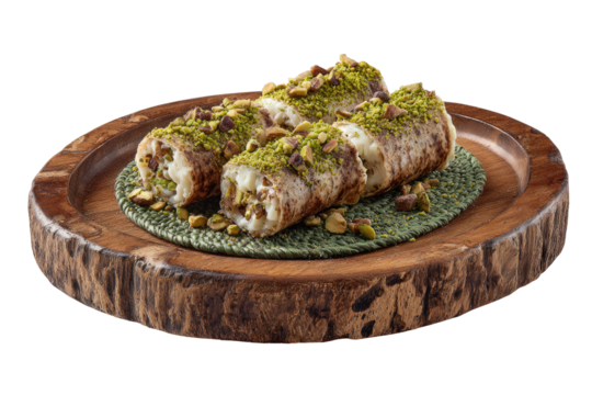 Sweet pastries,  rolled,  topped with pistachios,  on wooden plate