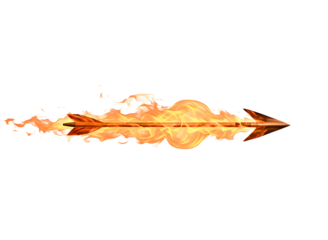 Fiery arrow in motion with smoke and reflection isolated on transparent background