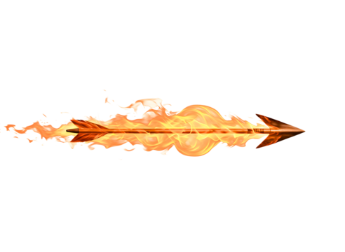 Fiery arrow in motion with smoke and reflection isolated on transparent background