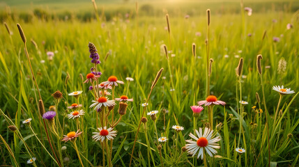 Beautiful wildflowers on a green meadow. Warm summer evening