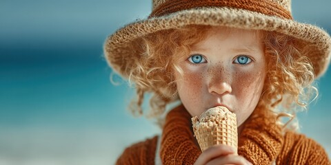 Young child enjoys ice cream at the beach on a sunny day, wearing a cozy sweater and straw hat
