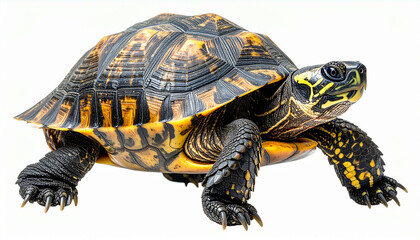 Obraz premium A close-up studio shot of a box turtle with a patterned shell, isolated on white.