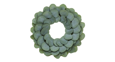 Elegant circular arrangement of fresh eucalyptus leaves, forming a minimalist botanical wreath perfect for decorative accents and natural design elements against a clean white background