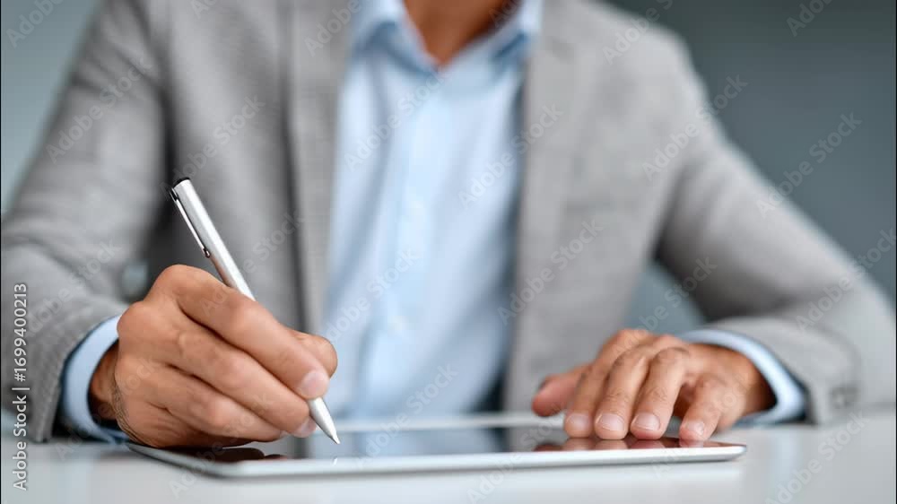 Poster focused professional businessman in modern office signing digital contract document. with intense co