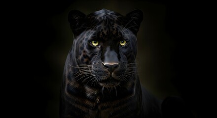 A powerful and majestic black panther emerges from the darkness, its intense and captivating golden eyes staring directly forward