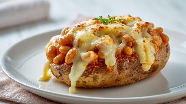 Delicious jacket potato topped with melted cheese and baked beans, styled on a clean white plate, high-quality food photography