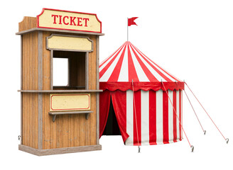 Red and white striped circus tent and ticket booth isolated on transparent background