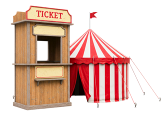 Red and white striped circus tent and ticket booth isolated on transparent background