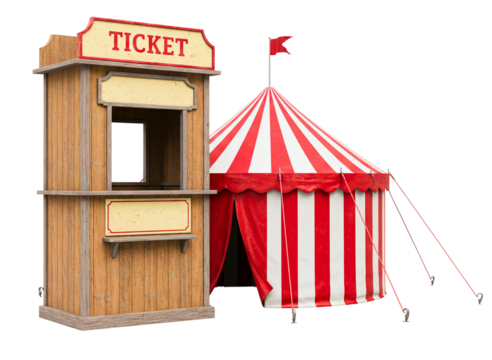 Red and white striped circus tent and ticket booth isolated on transparent background