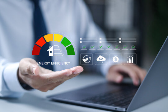 Energy efficient rating class concept, energy efficiency level meter, Low-consumption ecological house for sustainable development concept.