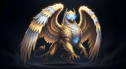 Fantasy illustration of a powerful golden griffin, a majestic mythical beast with luminous blue eyes and ornate wings