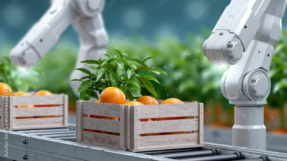 Aufkleber innovative smart robotic arm automation within an advanced agriculture logistics system. glimpse int