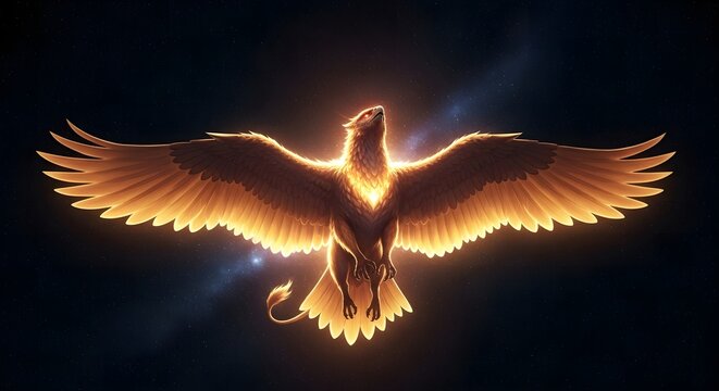 Mythical golden griffin creature with wings of fire soaring through a celestial sky, a symbol of power and fantasy