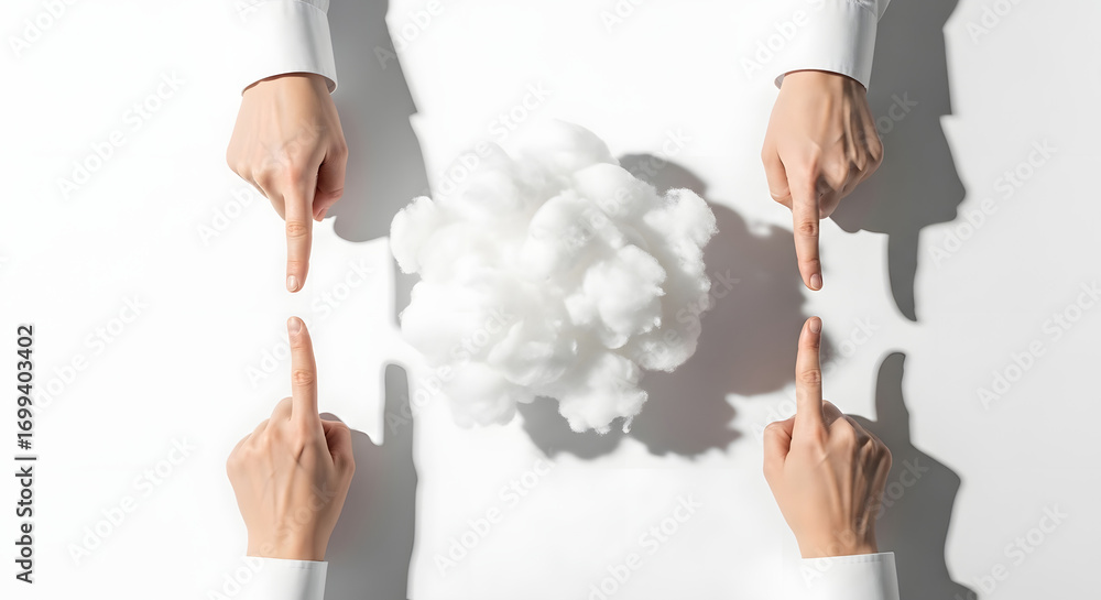 Poster cloud computing concept with hands pointing at fluffy white cloud