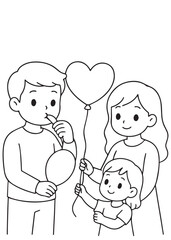 coloring book dad blowing balloon while mom and child hold Valentine heart