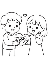 coloring book boy giving heart gift to girl on Valentine’s day