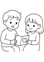 coloring book kids reading Valentine card together with joy