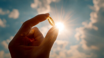 A person is holding a fish oil in their hand on sky background.