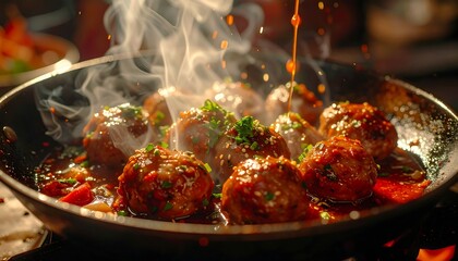 Sizzling meatballs in pan, sauce pouring, steam rising, garnished