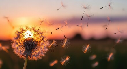 Dandelion Seeds Floating Away on a Gentle Summer Sunset Breeze