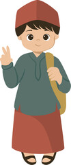 Muslim Boy with Songkok holding bag illustration