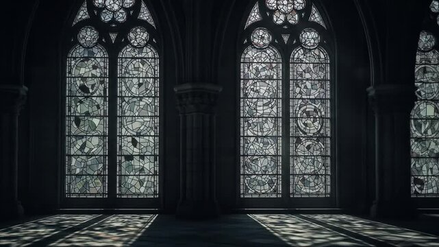 Sunlight streaming through stained glass windows in a gothic church interior.