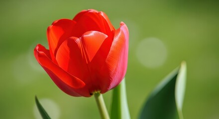 Vibrant Red Tulip Blooms Brightly Against a Soft Green Background