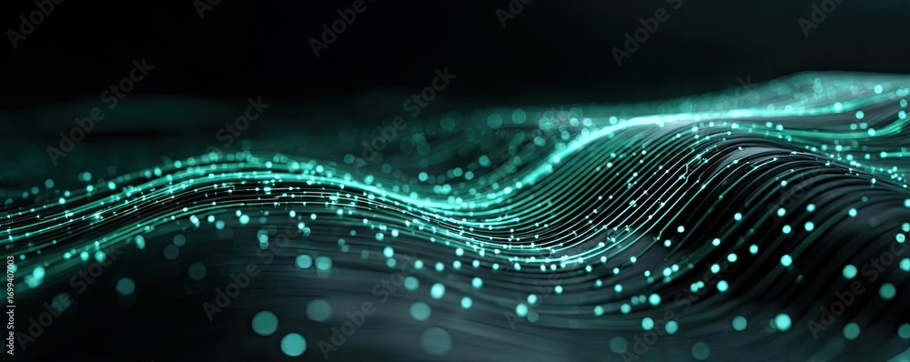 Poster glowing light blue and green lines background concept. abstract digital landscape with glowing data 