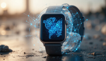 A futuristic smartwatch projecting a 3D hologram map.