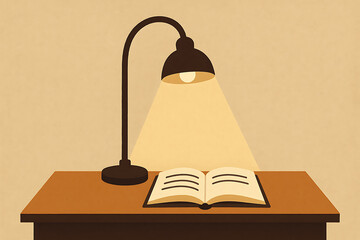 Warm light from a vintage desk lamp illuminates an open book on a wooden table, creating a perfect atmosphere for focused reading and quiet study at home