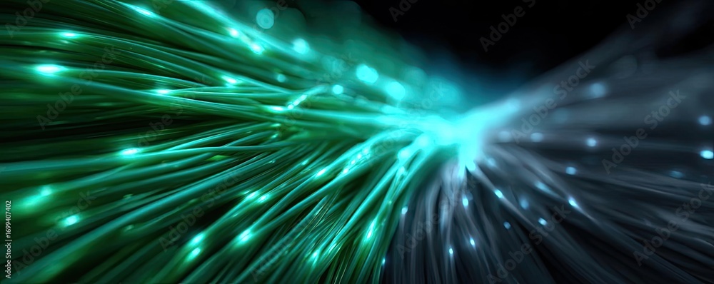 Poster glowing light blue and green lines background concept. abstract digital background with glowing ligh