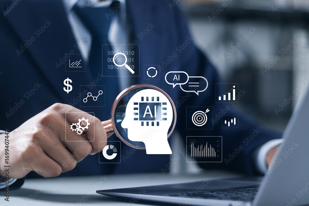 Poster data analytics automated with ai technology, advanced technology in analyzing graphs, business data,