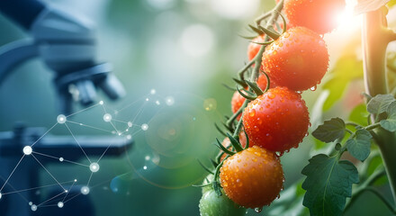 Scientist examining ripe tomatoes with a microscope and digital network science research