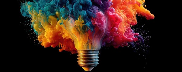 Impactful lightbulb eureka moment concept. Vibrant light bulb surrounded by colorful smoke explosion.